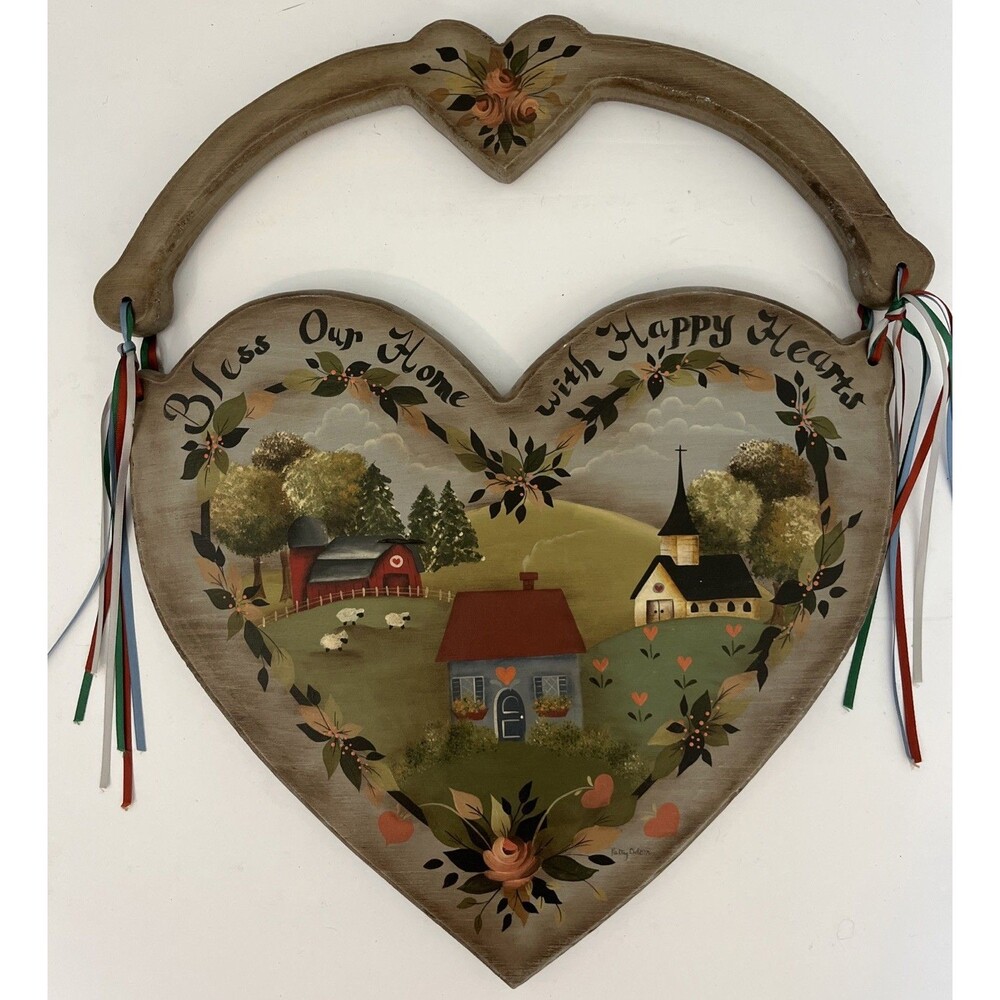 Vintage Handpainted Heart Wall Plaque Decor Bless Our Home With Happy Hearts